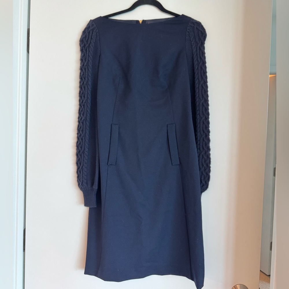 Tory Burch Elegant Navy Blue Dress with Knitted Sleeves